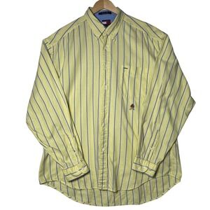 Vintage Tommy Hilfiger Yellow Blue Striped Crest Logo Button Down Shirt Mens‎ XL